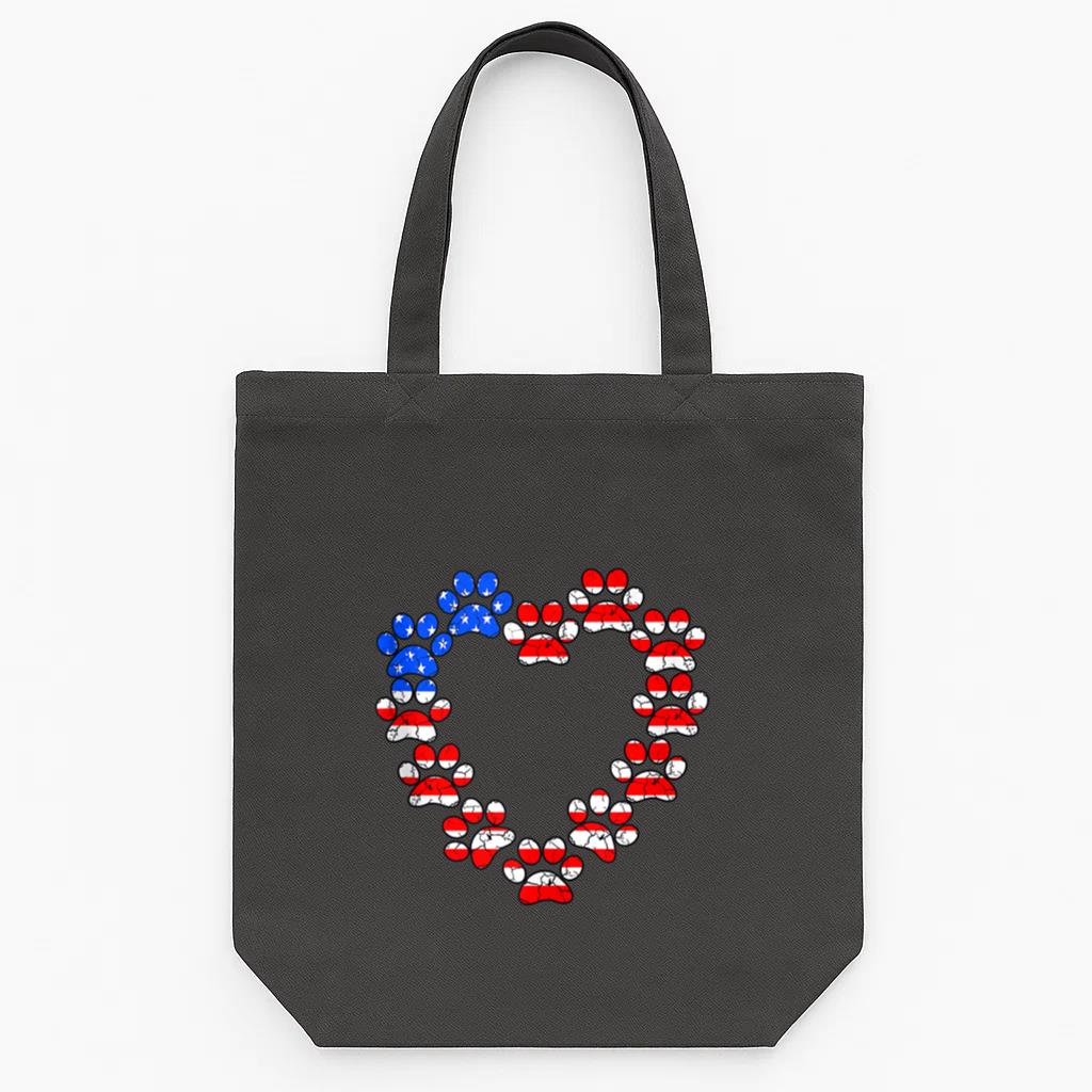 Animal Lover USA Flag Cat Dog Paw Heart Tote Canvas Bag image 0