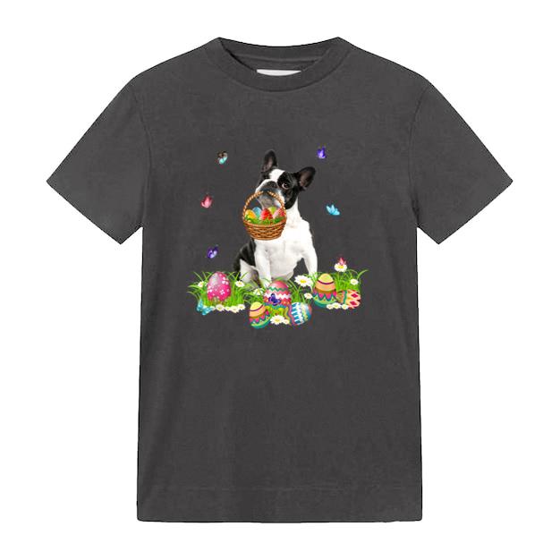 Boston Terrier Bunny Dog With Easter Eggs Basket Butterflies T-Shirt image 0