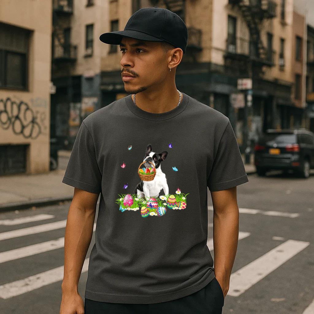 Boston Terrier Bunny Dog With Easter Eggs Basket Butterflies T-Shirt image 2