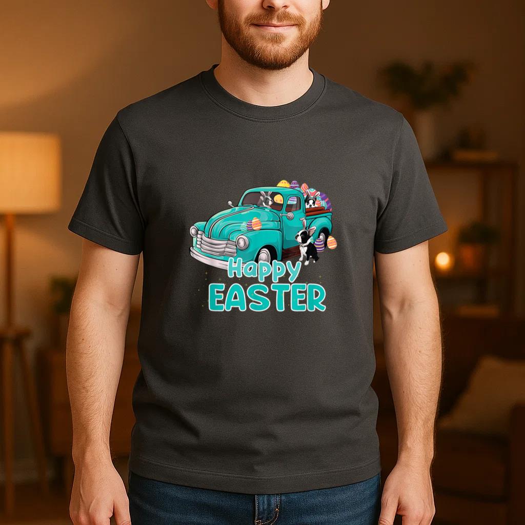 Bunny Boston Terrier happy easter day truck dog men women T-Shirt image 3