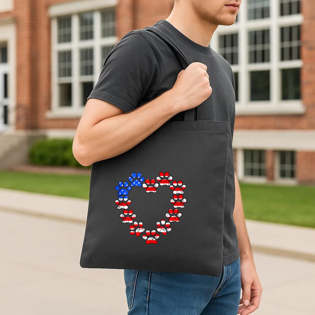 Animal Lover USA Flag Cat Dog Paw Heart Tote Canvas Bag image 2