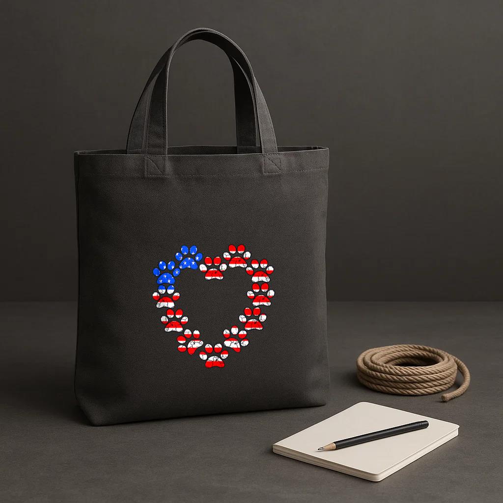 Animal Lover USA Flag Cat Dog Paw Heart Tote Canvas Bag image 1
