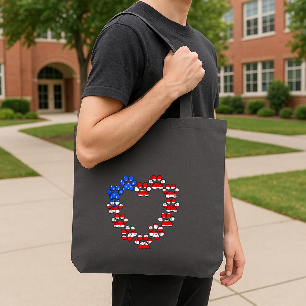 Animal Lover USA Flag Cat Dog Paw Heart Tote Canvas Bag image 3