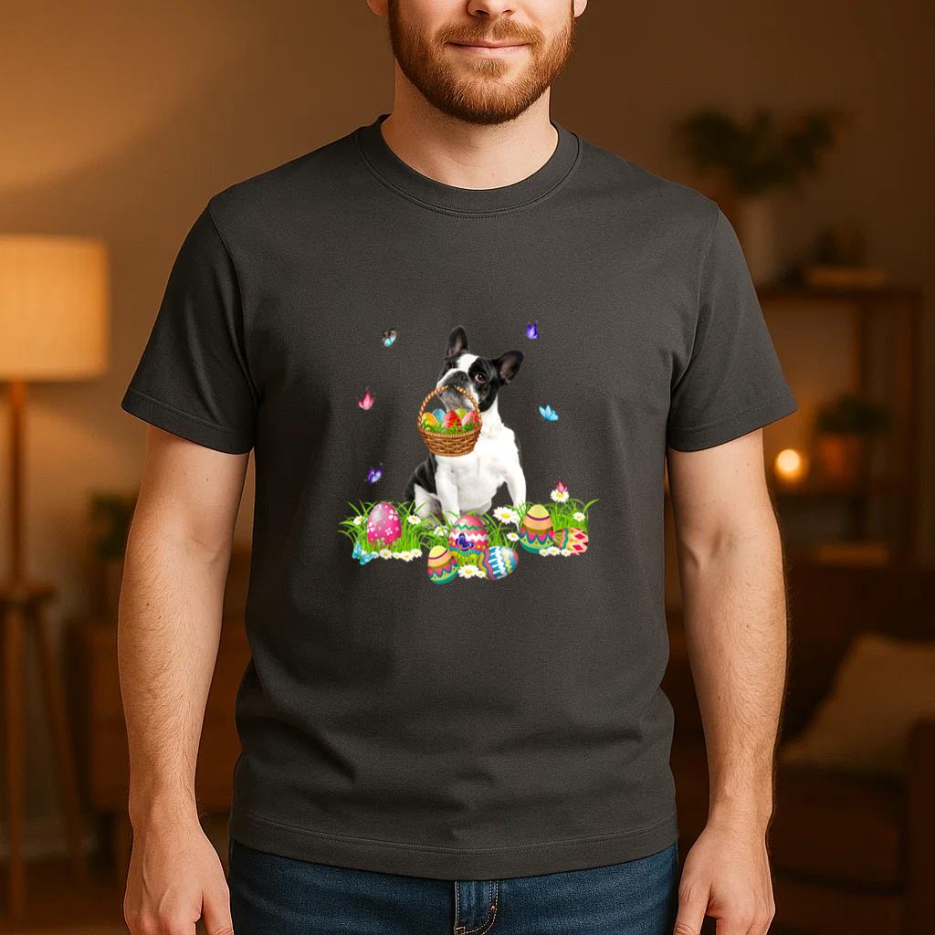 Boston Terrier Bunny Dog With Easter Eggs Basket Butterflies T-Shirt image 3