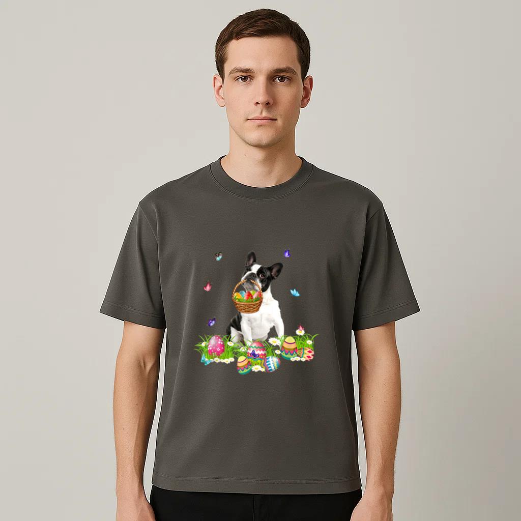 Boston Terrier Bunny Dog With Easter Eggs Basket Butterflies T-Shirt image 1